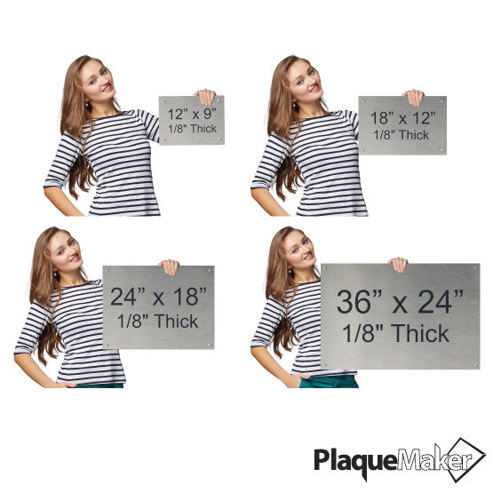 Size Guide With Woman Holding 4 Different Sizes Of Stainless Steel Sign With Standoffs And Showing Measurements