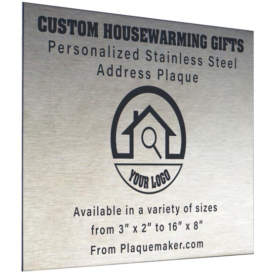 A square stainless steel sign with customized engraved black text and a placeholder logo, set at a slight angle against a white background.