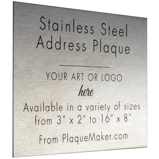 Stainless Steel Address Sign Laser Fused To Show Customization Options And Areas For Text And Art Against White Background