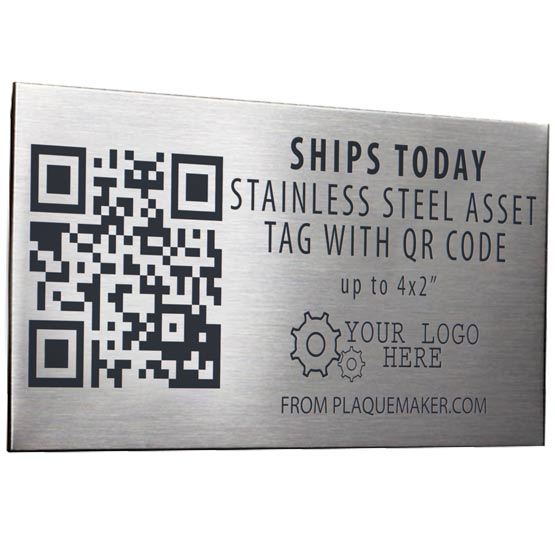 Ships Today Stainless Steel Asset Tag Laser Fused With Sample QR Code And Showing Customization Options And Areas