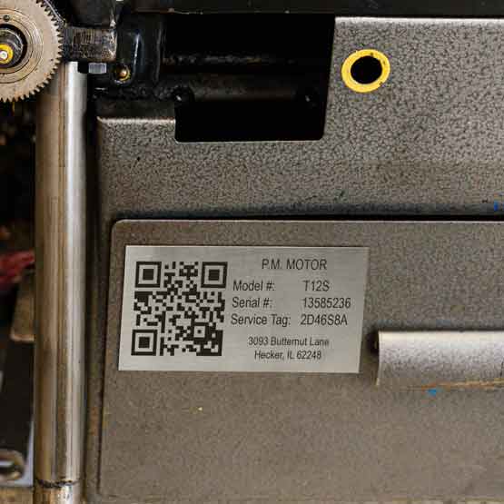 Ships Today Stainless Steel Asset Tag Laser Fused With QR Code And Motor Model Details And Address On A Silver Metal Plate