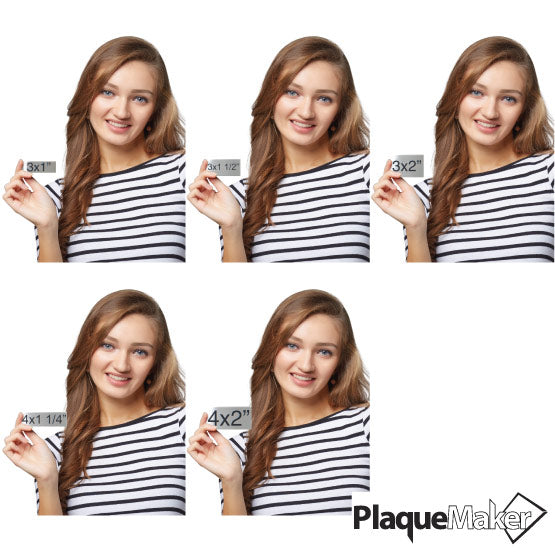 Size Guide With Happy Woman Holding Different Sizes Of Ships Today Stainless Steel Asset Tag With QR Code And Measurements