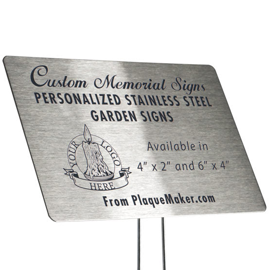 A custom stainless steel metal garden sign with personalized engraved text and placeholder artwork, set at slight angle and displayed on a white background.