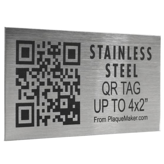Stainless Steel QR Tag Laser Fused With Sample QR Code And Showing Customization Options And Areas For Text And Art