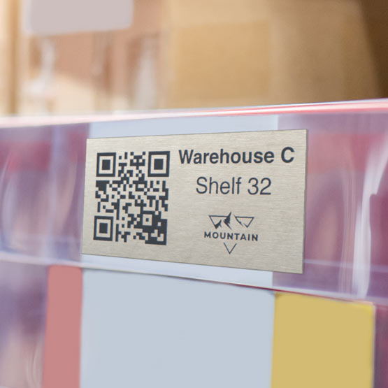 Custom Stainless Steel QR Tag Laser Fused With QR Code And Warehouse Details And Logo Mounted Onto Plastic Bin