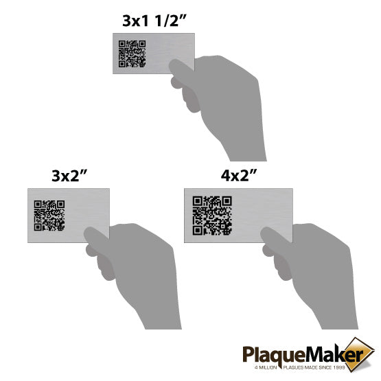 Size Guide With Blank Hands Holding Different Sizes Of Custom Stainless Steel QR Tag Showing Measurements