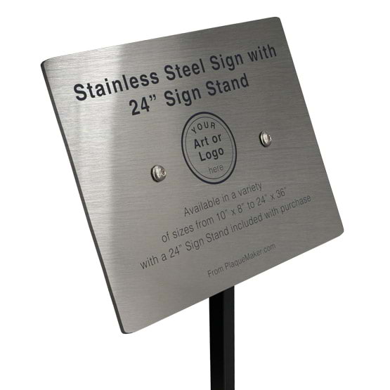 Stainless Steel Sign With Stand And Laser Fused To Show Customization Options And Areas Against White Background