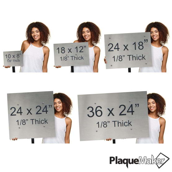 Size Guide With Woman Holding 5 Different Sizes Of Stainless Steel Sign With Mounting Stand And Showing Measurements