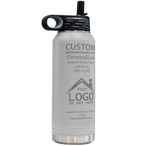 A 32 oz insulated stainless steel water bottle with built-in straw in the lid and carrying handle. Featuring customizable engraved text and placeholder artwork on a white background.