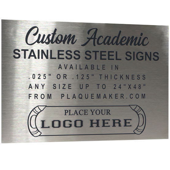 A personalized stainless steel sign with black engraved text and placeholder artwork, set on a white background.