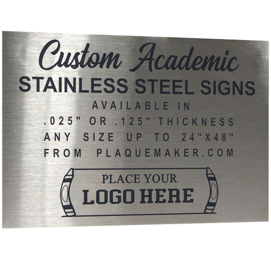 A personalized stainless steel sign with black engraved text and placeholder artwork, set on a white background.