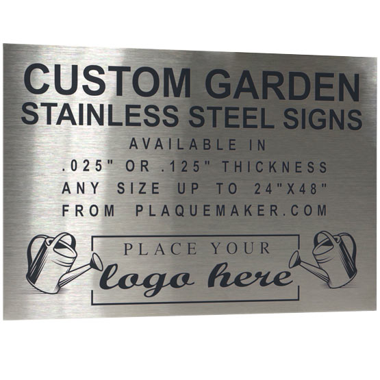 A stainless steel custom garden sign with black engraved text and placeholder artwork. The sign is placed at an angle and set against a white background.