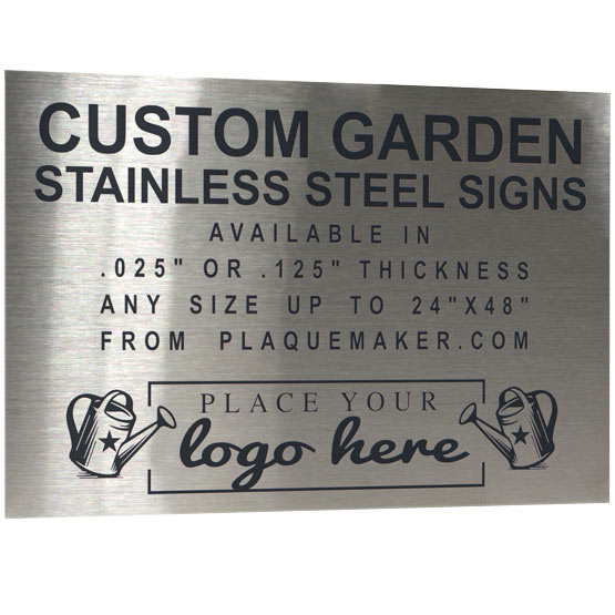 A stainless steel custom garden sign with black engraved text and placeholder artwork. The sign is placed at an angle and set against a white background.