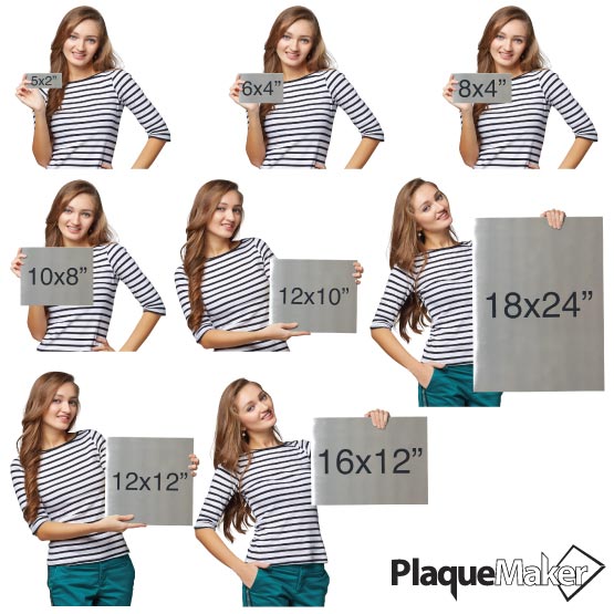 Size Guide With Happy Woman Holding Different Sizes Of Custom Stainless Steel Sign Against White Background