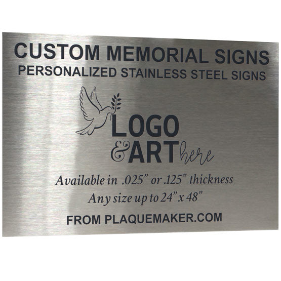A custom stainless steel sign with personalized engraved text and placeholder artwork, set at slight angle and displayed on a white background.