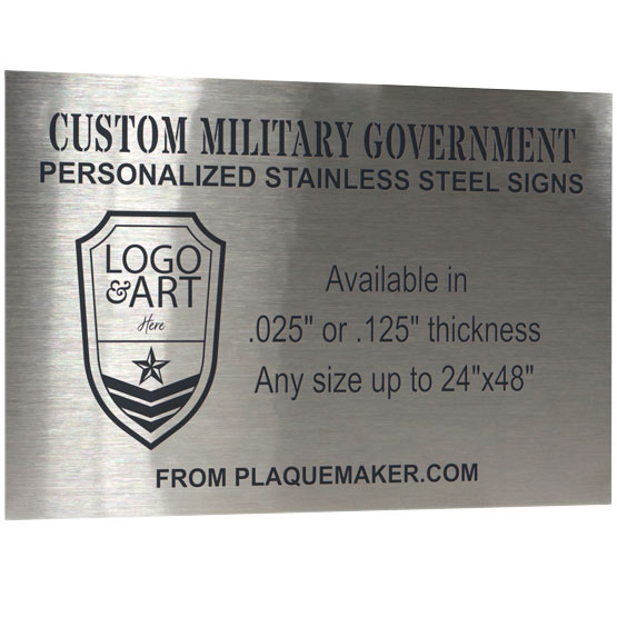 A custom stainless steel metal sign with personalized engraved text and placeholder artwork, set at a slight angle and displayed on a white background.