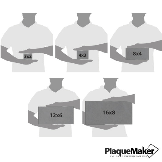 Size Guide With Blank Figures Holding Different Sizes Of Custom Titanium Address Sign Showing Measurements