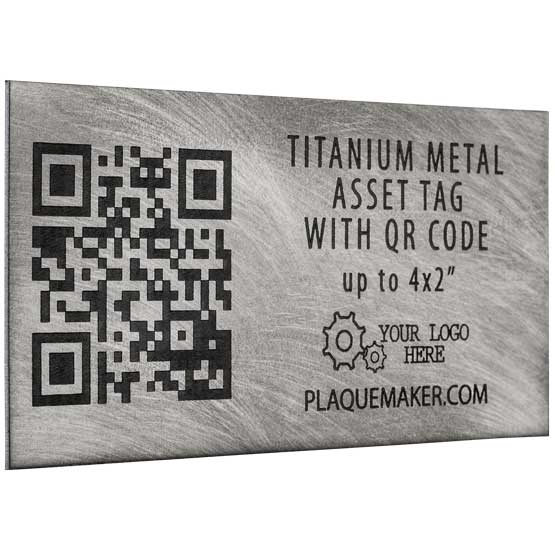 Custom Titanium Asset Tag Laser Fused With Sample QR Code And Showing Customization Options And Areas For Text And Art