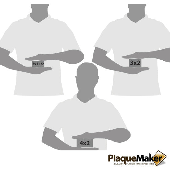 Size Guide With Blank Figures Holding Different Sizes Of Titanium Asset Tag Showing Measurements Against White Background