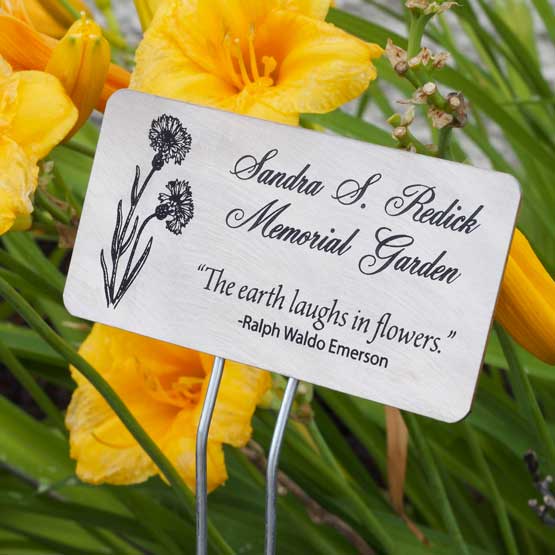 Custom Titanium Garden Sign Laser Fused With Flower Art And Memorial Message Standing In Flower Garden Via Metal Stake