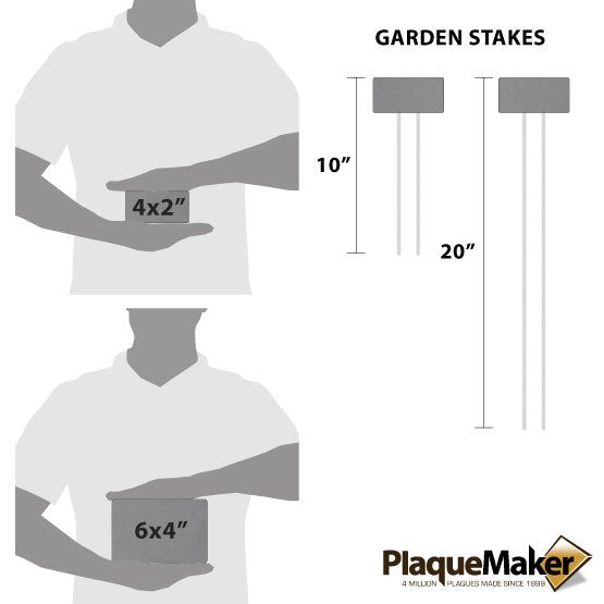 Size Guide With Blank Figures Holding Different Sizes Of Titanium Garden Sign Beside Two Sizes Of Metal Garden Stakes