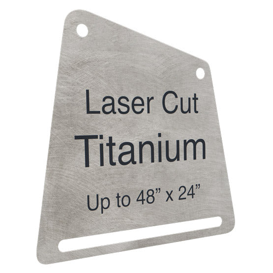 Laser cut titanium plate with text on a white background