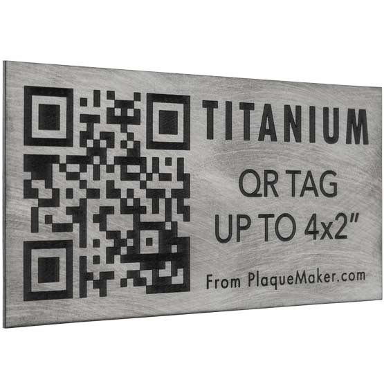 Custom Titanium QR Tag Laser Fused With Sample QR Code And Showing Customization Options And Areas For Text And Art