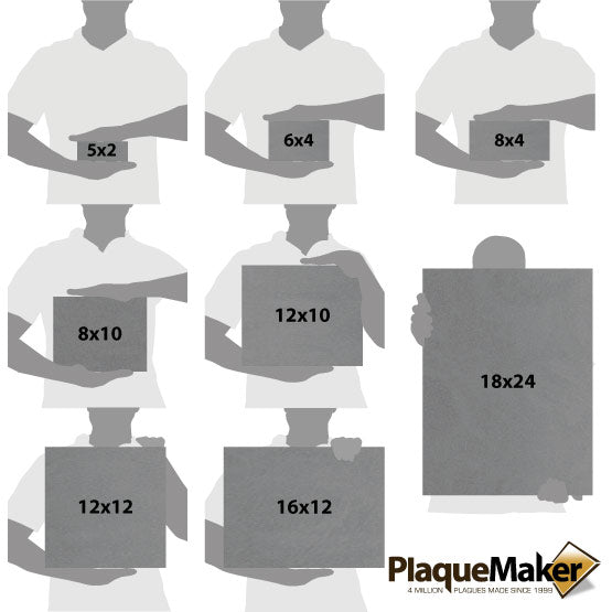 Size Guide With Blank Figures Holding Different Sizes Of Custom Titanium Sign Showing Measurements Against White Background