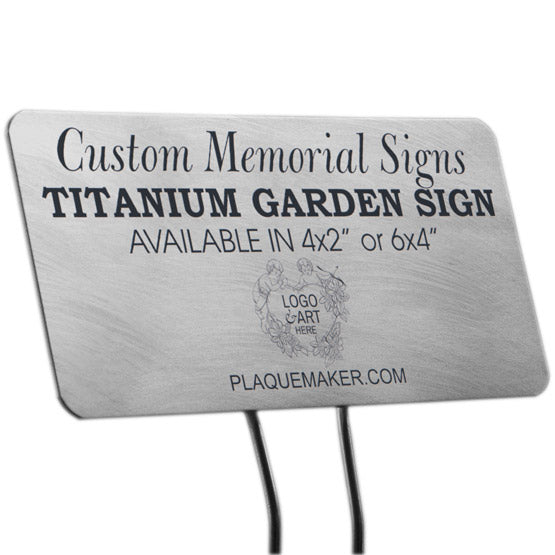 A custom titanium metal garden sign with personalized engraved text and placeholder artwork, set at slight angle and displayed on a white background.