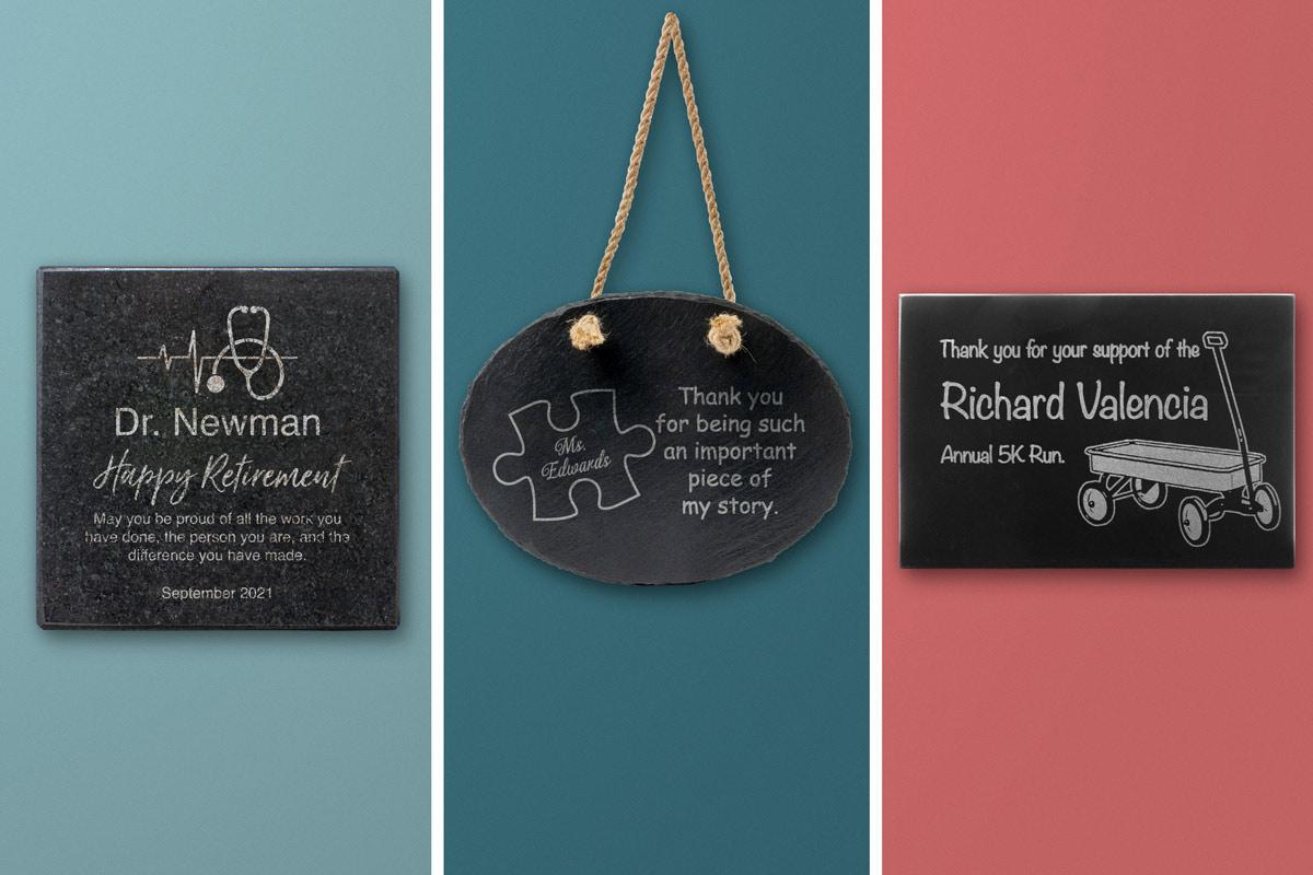 Granite Award, Hanging Slate Sign, and Marble Memorial Plaque.