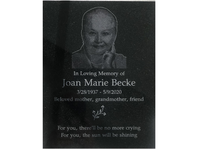 Order 698287 Review Image. Granite plaque memorial for Joan Marie Becke. This plaque features a picture of Joan in halftone.