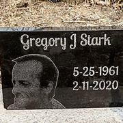 Order 754167 Review Image. Granite headstone for Gregory J Stark. Headstone is propped upright.