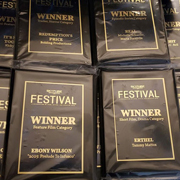 663726 Review Image. Stack of laser metal plaques made for a festival.