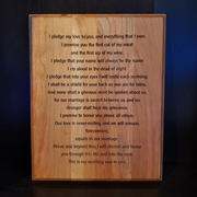 Order 712543 Review Image. Solid cherry plaque featuring wedding vows against a dark blue background.
