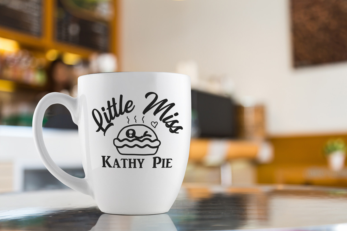 White Custom Mug with Pie Design on Counter