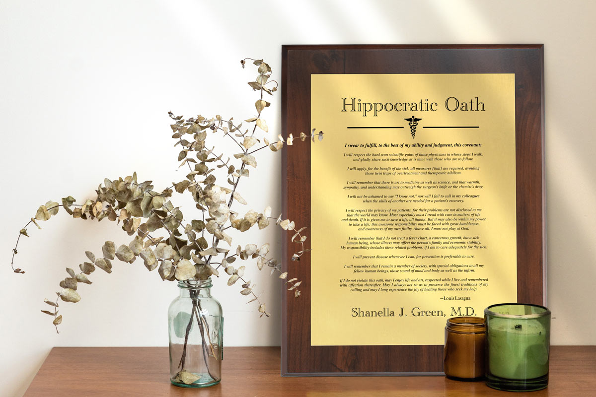 Custom Hippocratic Oath Plaque on Table for Woman Physician.
