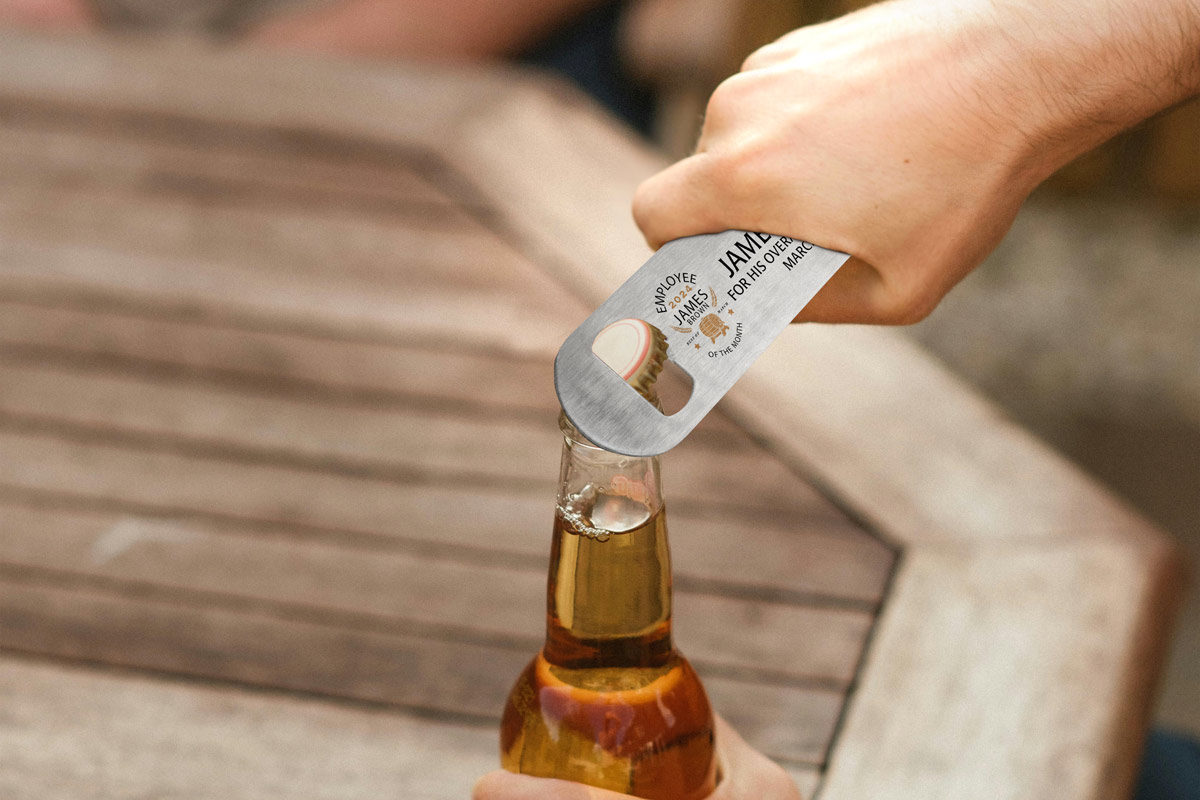 Think outside the gift giving box and show recognition with a custom made stainless steel bottle opener. Printed in full color, a unique way to say Thank you.