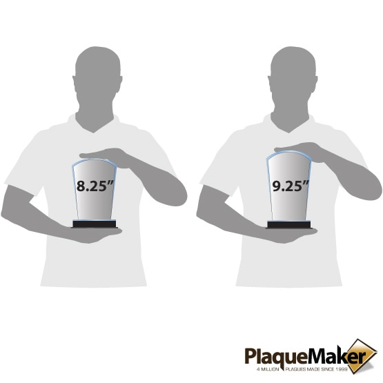 Size guide with two men holding acrylic award with blue mirror base in 8.25 inch and 9.25 inch sizes.