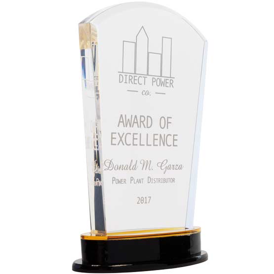 Custom acrylic award gold arch with reflective blue mirror base, engraved with your text and art or logo.