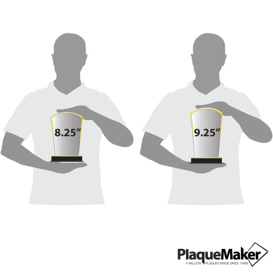 Size guide with two men holding acrylic award with gold mirror base in 8.25 inch and 9.25 inch sizes.