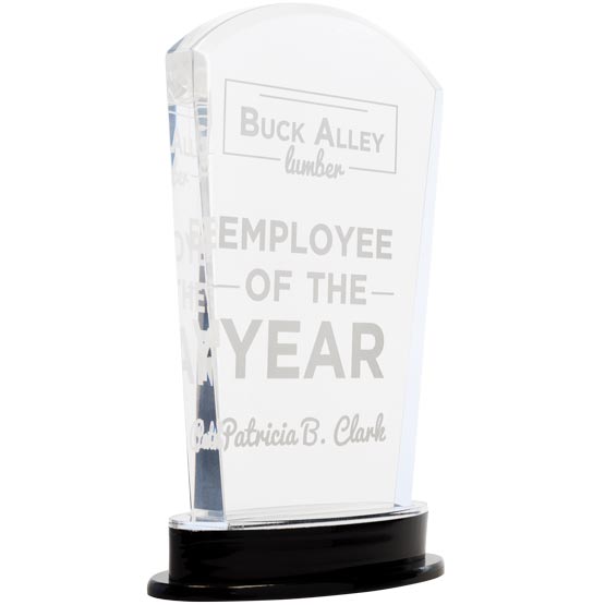 Custom acrylic award silver arch with reflective blue mirror base, engraved with your text and art or logo.