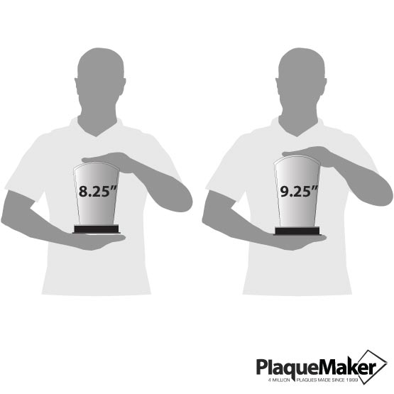 Size guide with two men holding acrylic award with silver mirror base in 8.25 inch and 9.25 inch sizes.