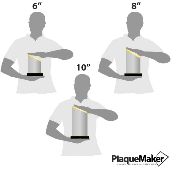 Size guide with three men holding beveled acrylic award with gold mirror base in 6 inch, 8 inch, and 10 inch sizes.