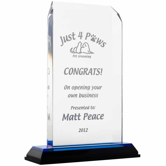 Custom Acrylic Award - Blue Clipped Corners with Blue Mirror Base. Engraved with your text and art or logo.