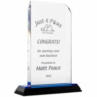 Custom acrylic award blue clipped corners with blue mirror base, engraved with your text and art or logo.