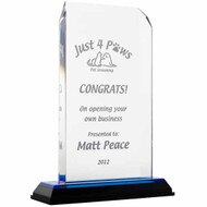 Custom Acrylic Award - Blue Clipped Corners with Blue Mirror Base. Engraved with your text and art or logo.