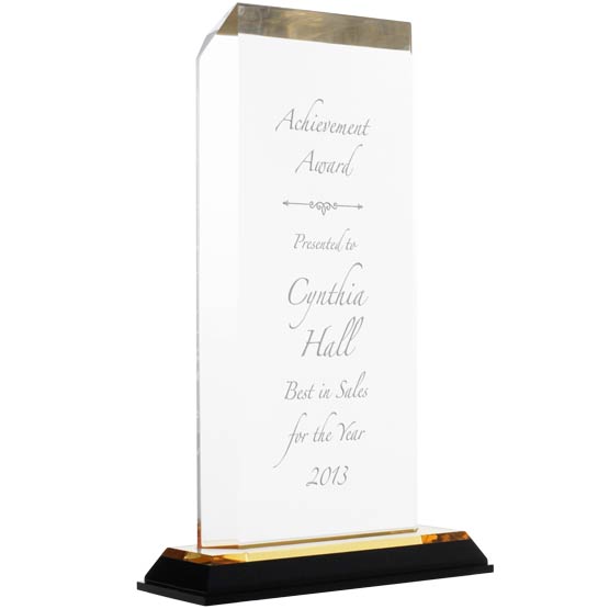 Custom Acrylic Award - Gold Clipped Corners with Gold Mirror Base. Engraved with your text and art or logo.