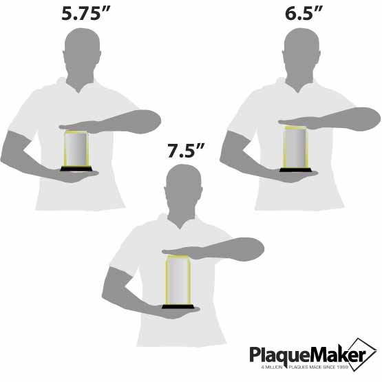 Size guide of three men holding acrylic award with clipped corners and gold mirror base in 5.75, 6.5, and 7.5 inch sizes.