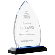 Custom acrylic award blue oval crest with blue mirror base, engraved with your text and art or logo.
