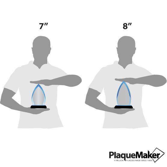 Size guide of two men holding crest acrylic award with blue mirror base in 7 inch and 8 inch sizes.